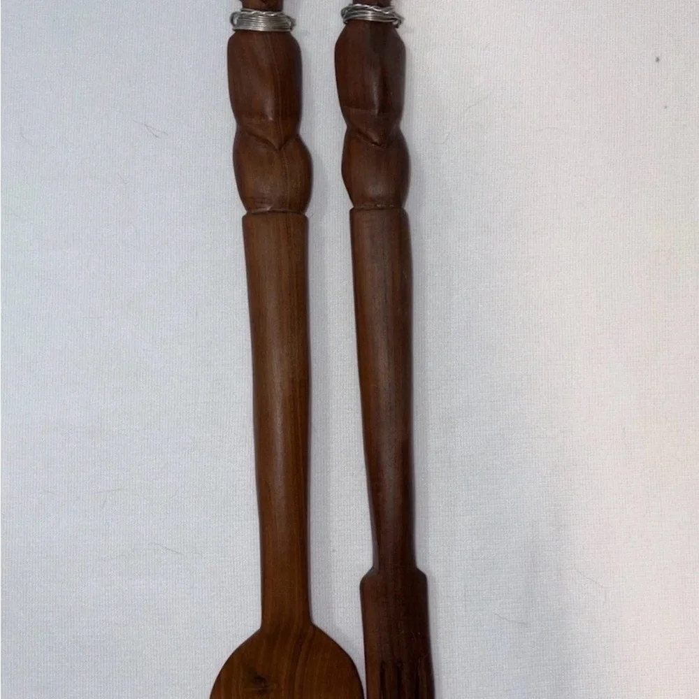 Vintage Handcrafted Wooden Fork & Spoon Serving Utensils From Kenya